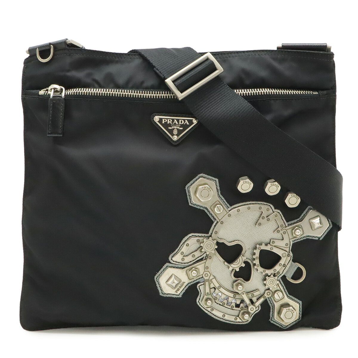 PRADA - PRADA プラダ スカル ショルダーバッグ 斜め掛け ドクロモチーフ スタッズ ナイロン NERO ブラック 黒 国内ブティック購入品 VA0859 【中古】