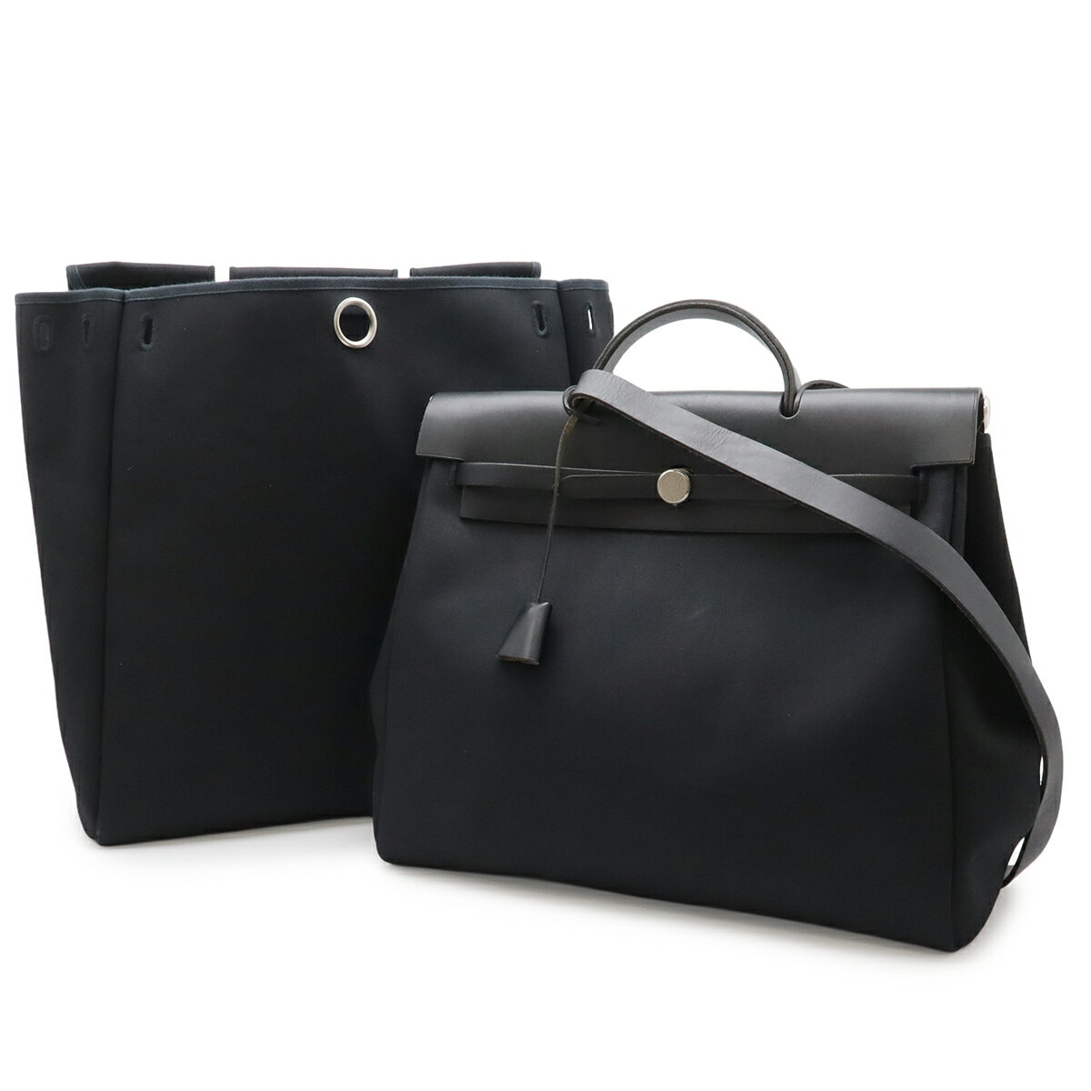 樂天商城 - HERMES エルメス エールバッグMM ハンドバッグ 2WAY ショルダーバッグ セミショルダー トワルオフィシエ キャンバス レザー ブラック 黒 □D刻印 【中古】