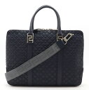 VERSACE ヴェルサーチ ブリーフケース ビジネスバッグ 書類カバン 2WAY ショルダーバッグ レザー ネイビー 紺 グレー シルバー金具 【中古】