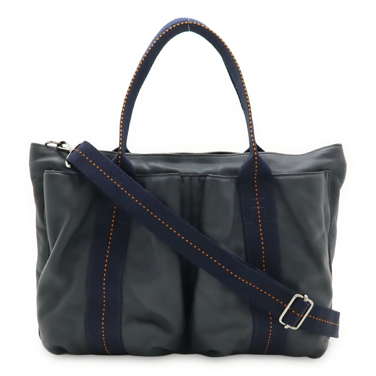 樂天商城 - HERMES エルメス キャラバン ホリゾンタルMM トートバッグ 2WAY ショルダーバッグ 斜め掛け ヴォーデルマ レザー ネイビー 紺 オレンジ 【中古】