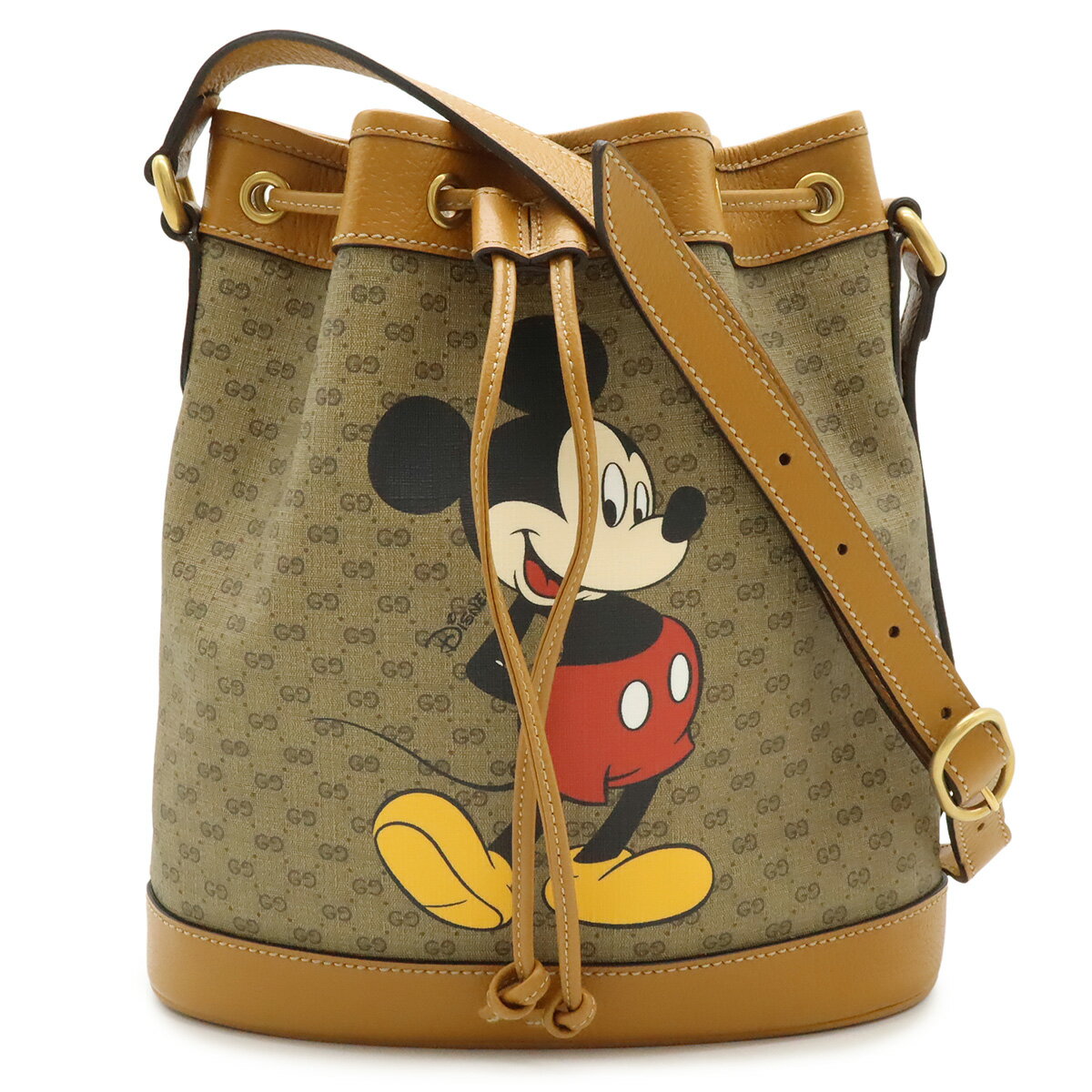 GUCCI - GUCCI グッチ マイクロGG ディズニーコラボ ミッキーマウス スモール バケットバッグ ショルダーバッグ ドローストリング 巾着 PVC ベージュ 602691 【中古】
