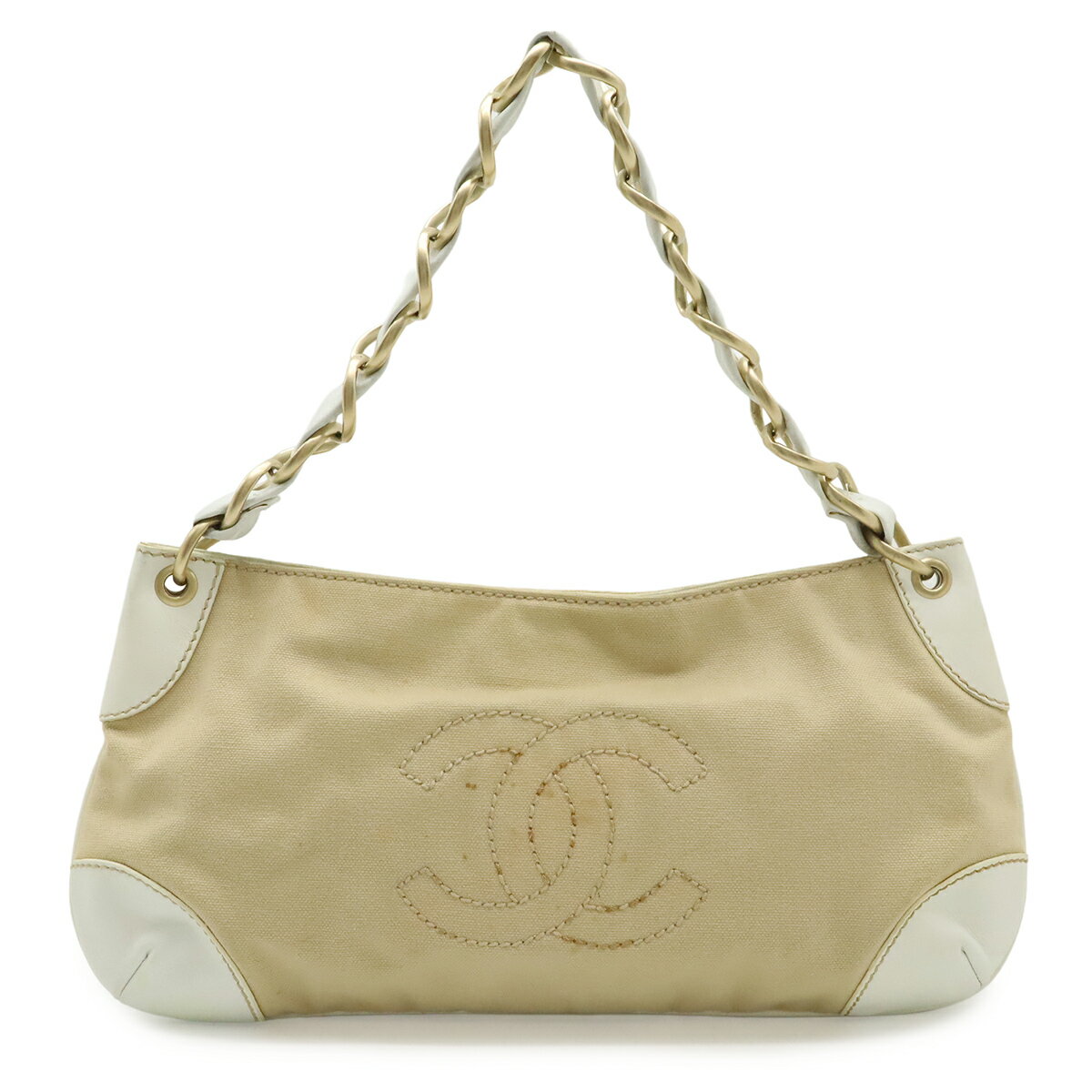 乐天商城 - CHANEL シャネル ココマーク チェーン ショルダーバッグ ワンショルダー キャンバス レザー ホワイト 白 ベージュ ゴールド金具 A20825 【中古】