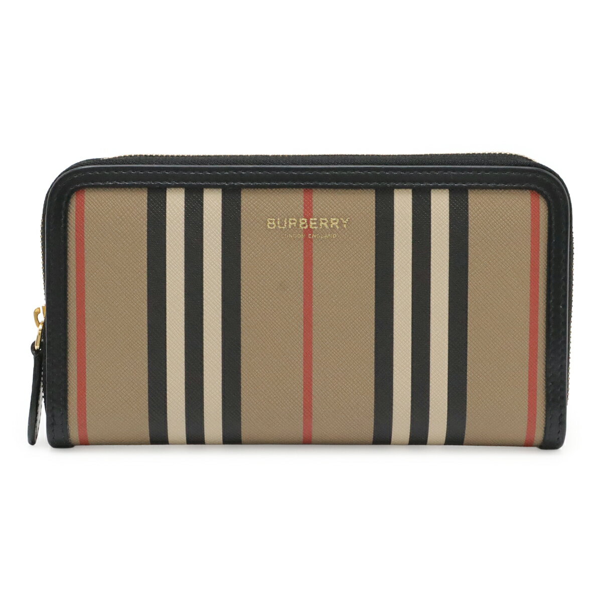 Rakuten - BURBERRY バーバリー エルモア ストライプ ラウンドファスナー 長財布 PVC レザー ベージュ ブラック レッド ゴールド金具 8027427 【中古】