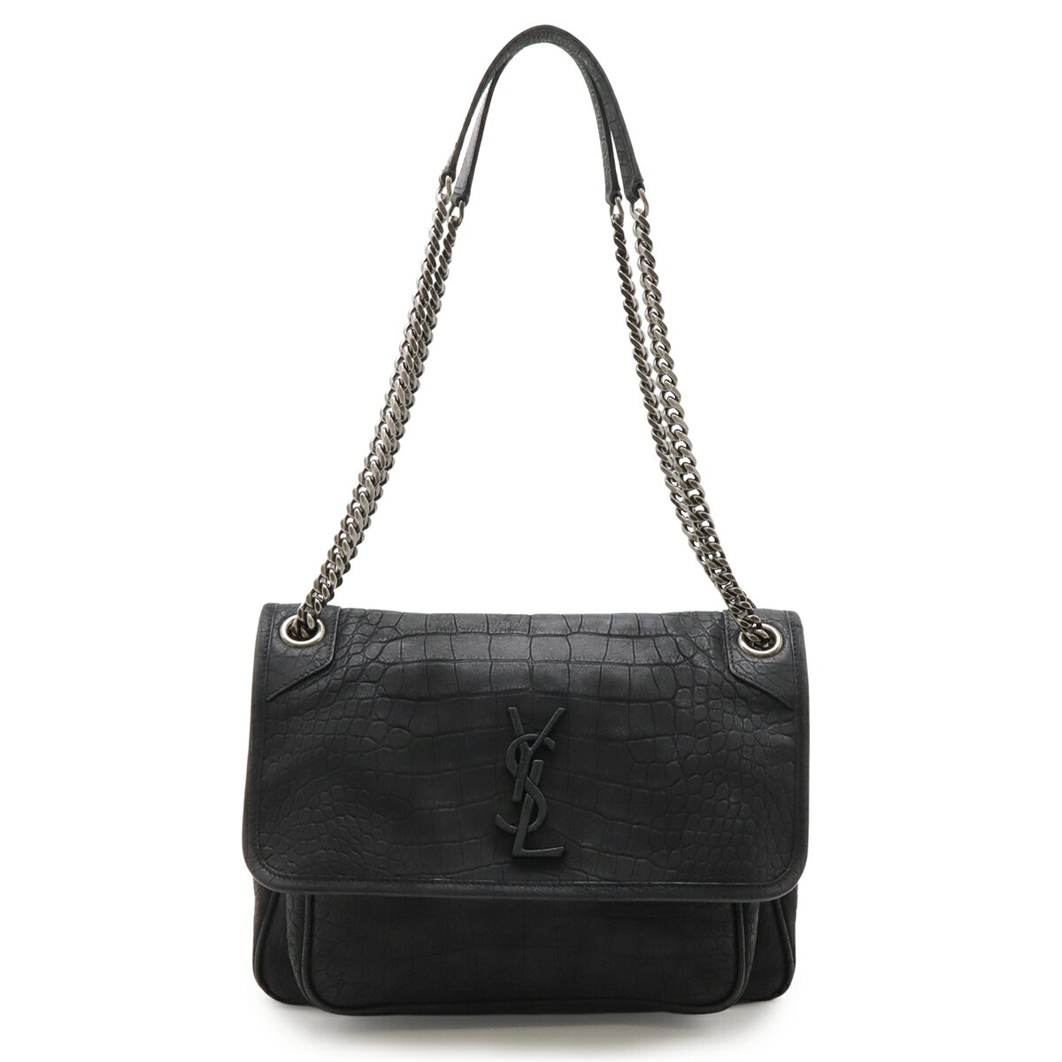 Rakuten - SAINT LAURENT PARIS サン ローラン パリ YSL イブサンローラン ニキ ミディアム チェーンショルダーバッグ ヌバック クロコ型押し ブラック 498913 【中古】