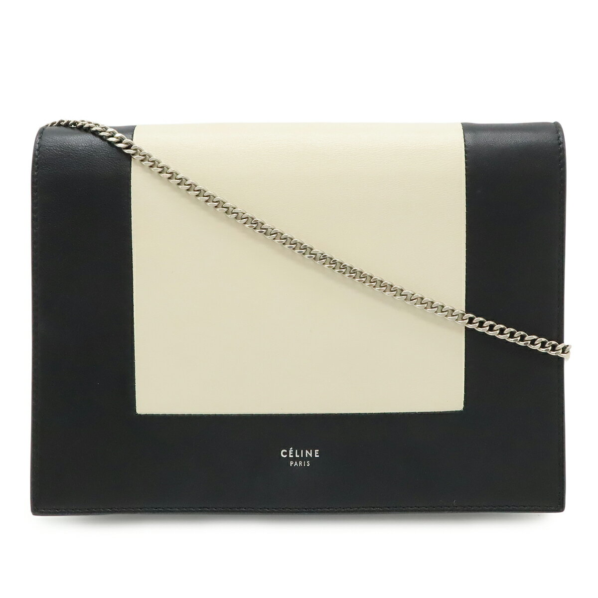 CELINE セリーヌ フレーム イブニング チェーンウォレット ショルダーバッグ 2WAY クラッチバッグ レザー バイカラー ブラック アイボリー 107773 【中古】