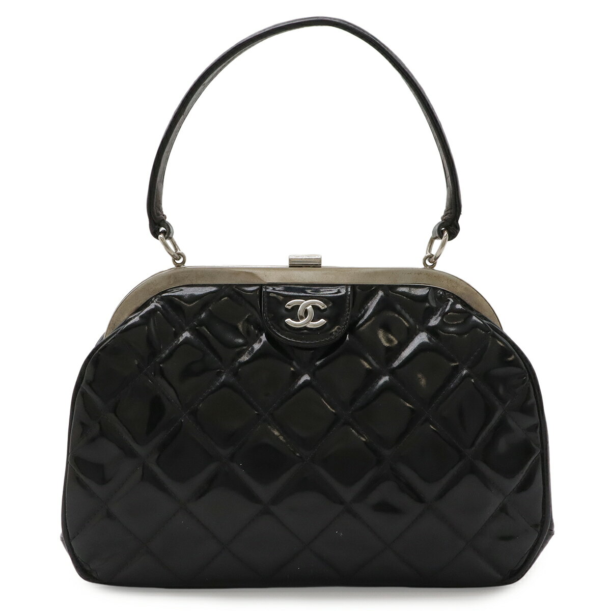 CHANEL - CHANEL シャネル マトラッセ ココマーク ハンドバッグ ワンハンドル がま口 ガマ口 エナメル ブラック 黒 シルバー金具 【中古】