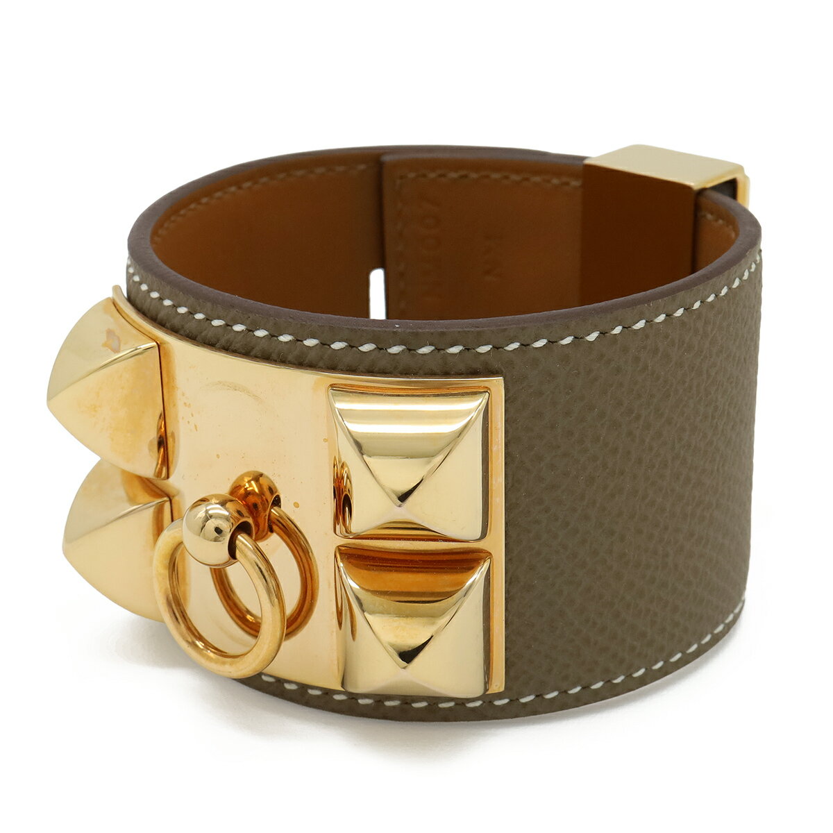 Leather - HERMES エルメス コリエドシアン メドール ブレスレット バングル スタッズ ヴォーエプソン レザー エトゥープ グレージュ ゴールド金具 #T2 Z刻印 【中古】
