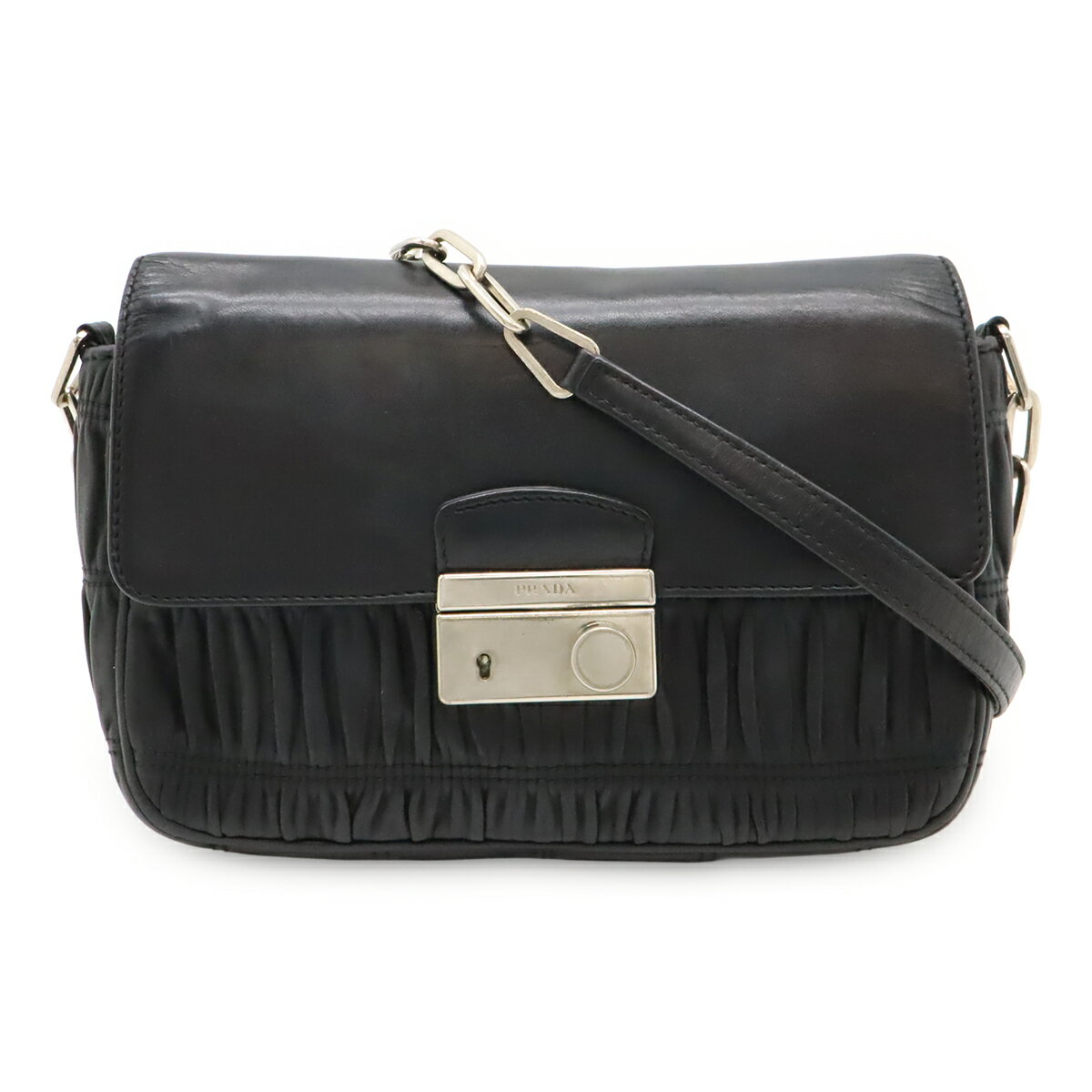 Rakuten - PRADA プラダ ギャザー チェーンショルダー ショルダーバッグ セミショルダー 肩掛け レザー NERO 黒 ブラック シルバー金具 鍵欠品 【中古】