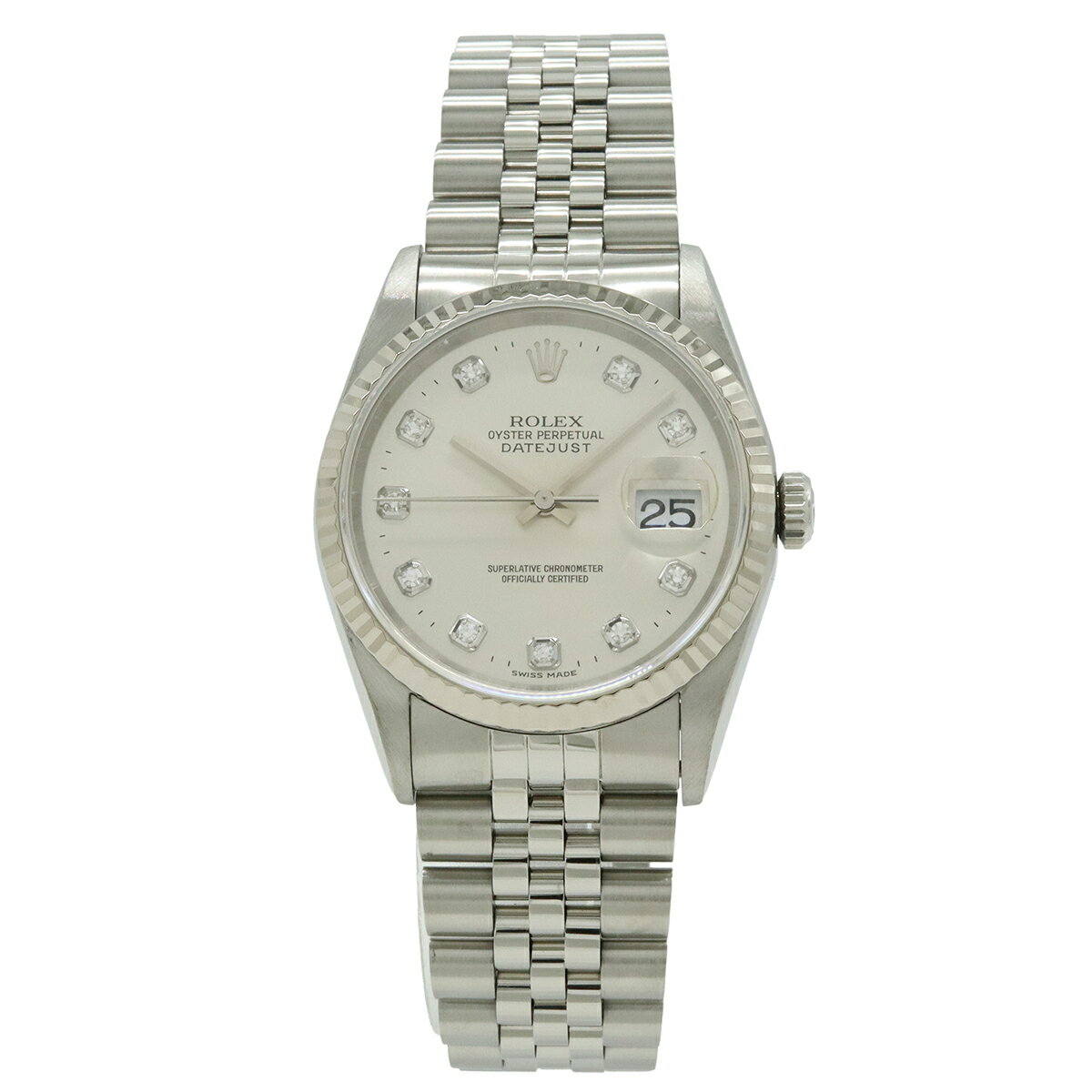 ROLEX ロレックス デイトジャスト シルバー文字盤 K18WGベゼル SS ダイヤ T番 メンズ AT オートマ 腕時計 16234G 【中古】