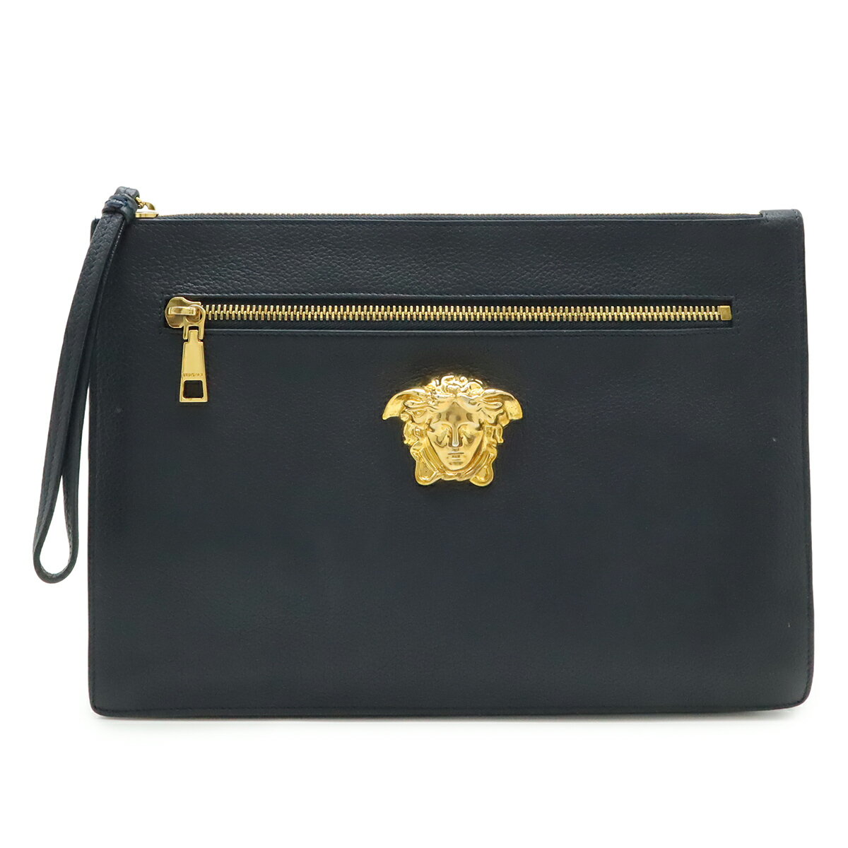 VERSACE ヴェルサーチェ ヴェルサーチ ベルサーチ メドゥーサ メデューサ クラッチバッグ ジップポーチ レザー ネイビーブラック系 ゴールド金具 【中古】