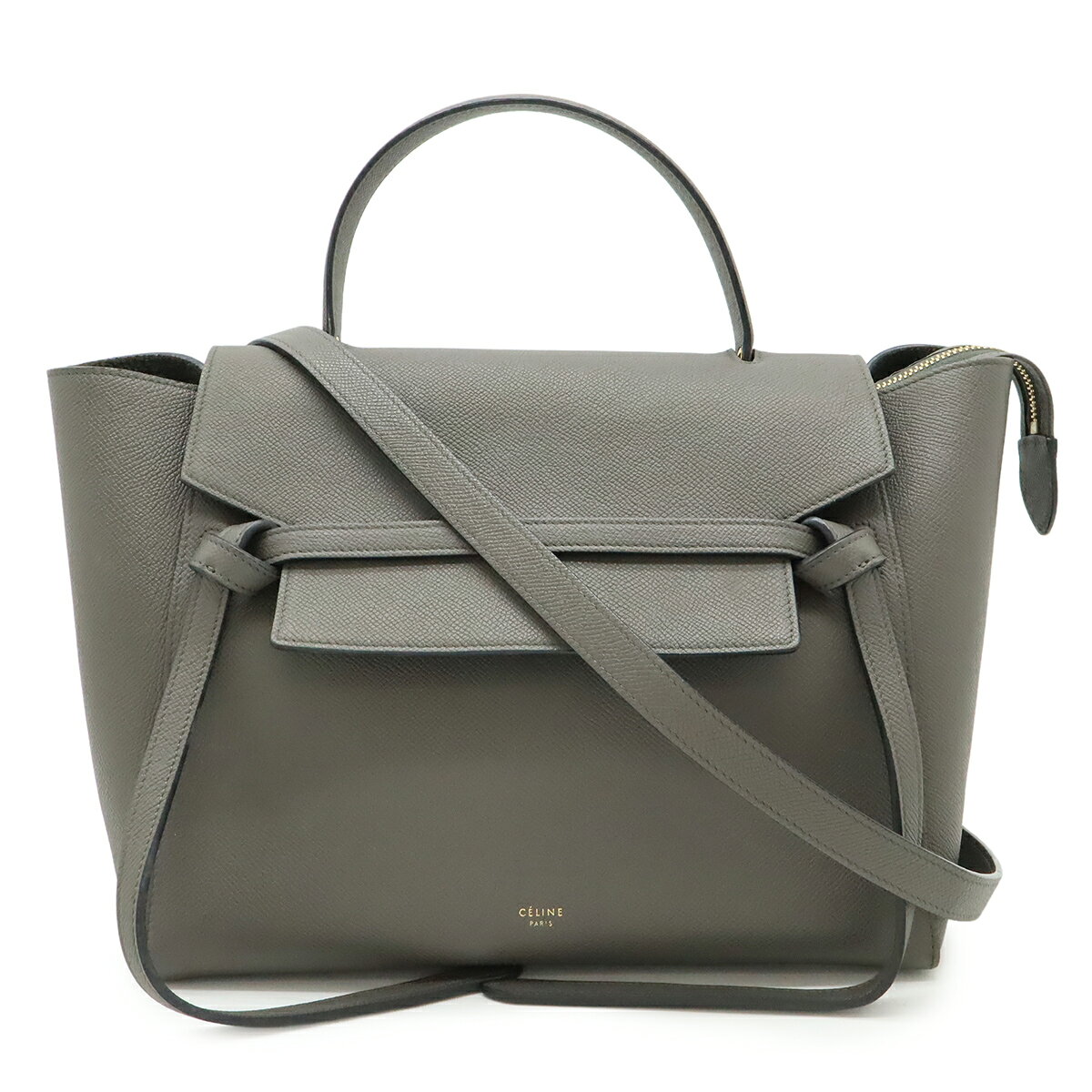 CELINE セリーヌ ベルトバッグ ミニ ハンドバッグ 2WAY ショルダーバッグ セミショルダー 肩掛け レザー グレー ゴールド金具 176103 【中古】