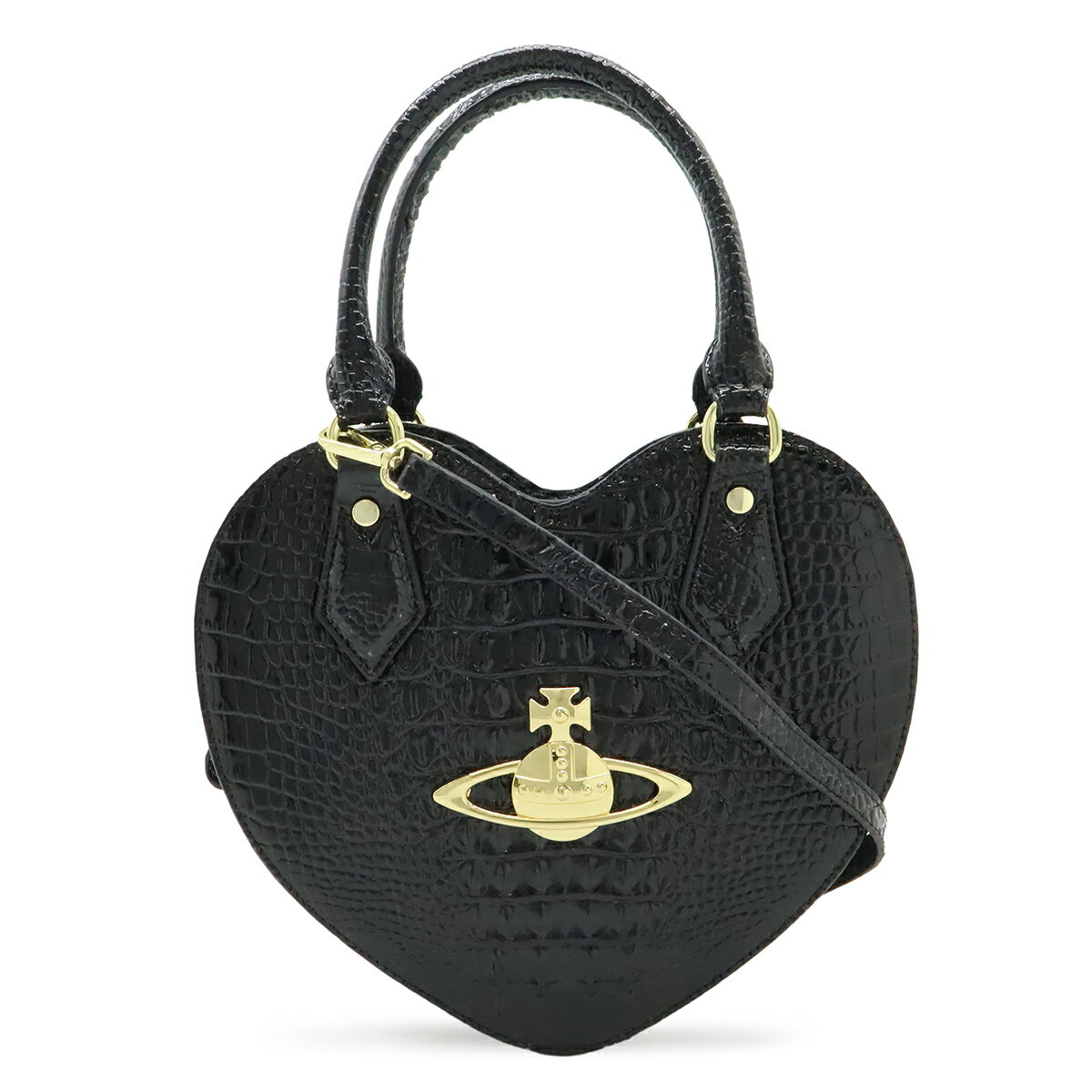 Vivian Westwood - Vivienne Westwood ヴィヴィアン ウエストウッド オーブ ハート ハンドバッグ 2WAYショルダー クロコ型押し パテントレザー ブラック ゴールド金具 【中古】