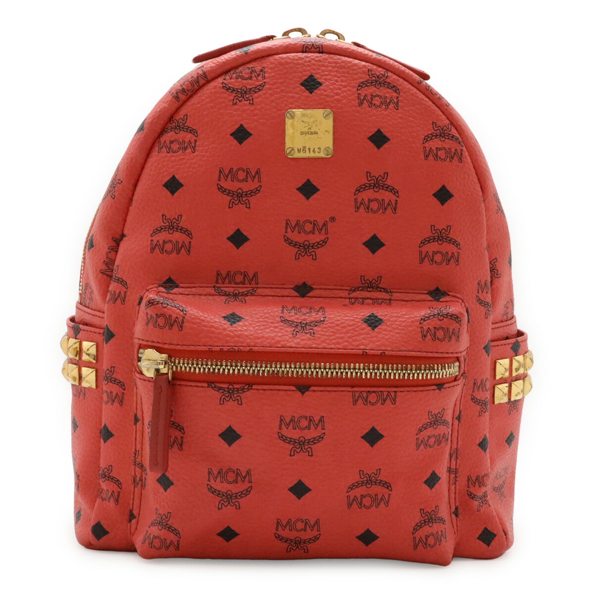 Rakuten - MCM エムシーエム ヴィセトス ロゴグラム バックパック リュックサック スタッズ PVC レザー レッド系 ゴールド金具 MMK5SVE37RE001 【中古】