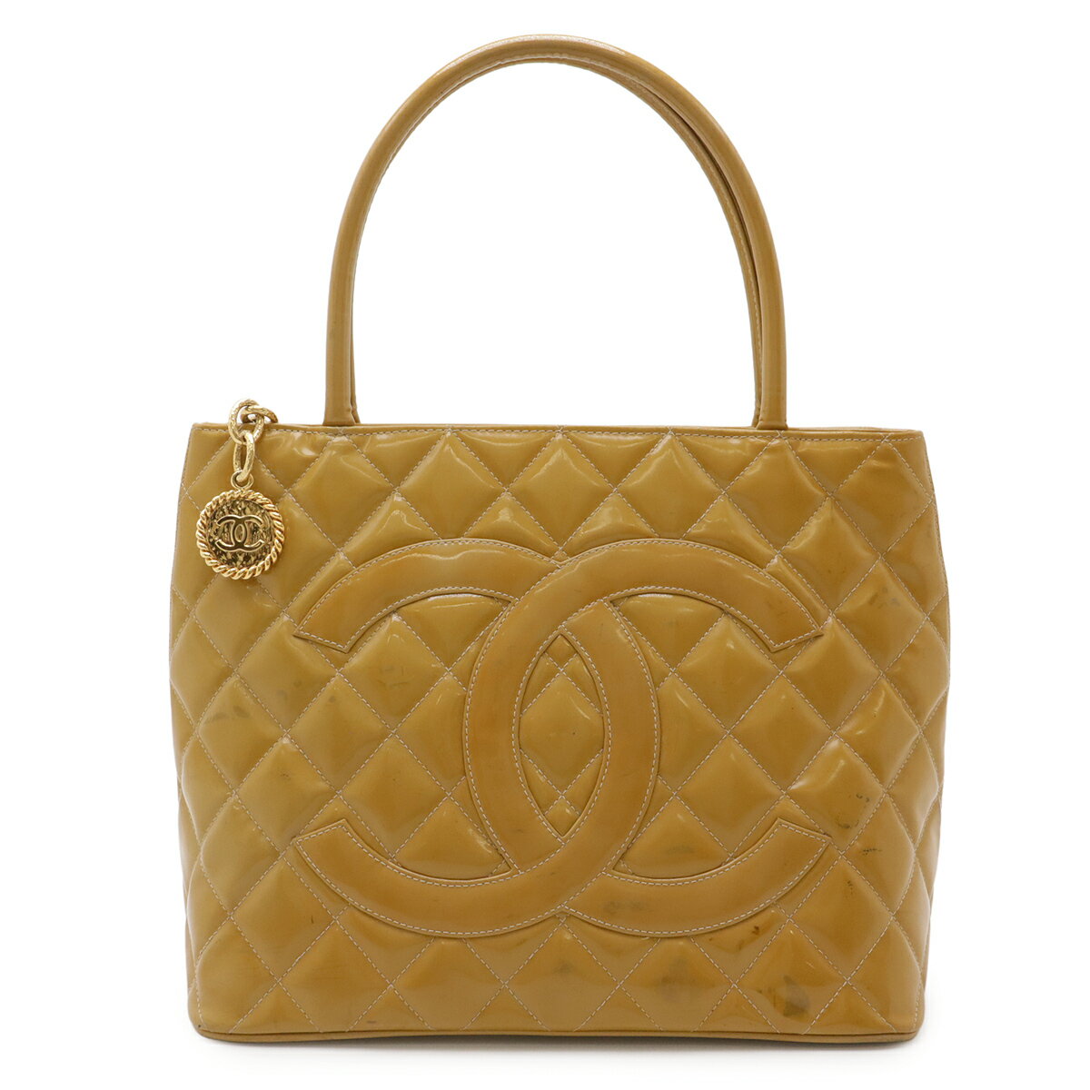 CHANEL シャネル マトラッセ ココマーク 復刻トート トートバッグ ショルダーバッグ エナメル パテントレザー イエロー系 ゴールド金具 A01804 【中古】