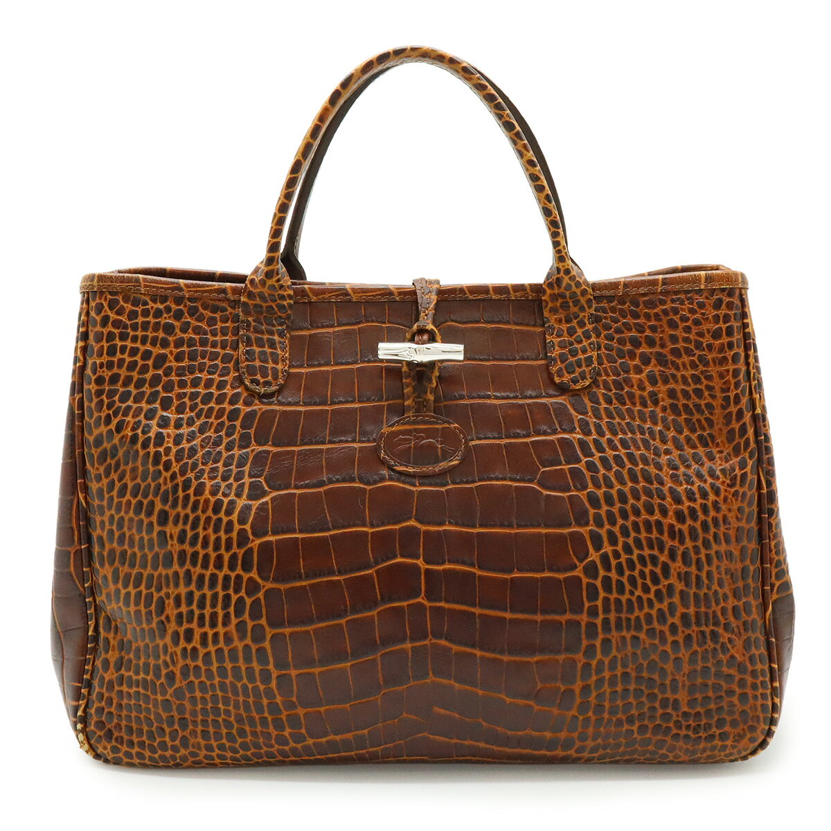 longchamp ハンドバッグ - LONGCHAMP ロンシャン ロゾ トートバッグ ハンドバッグ クロコ調 クロコ型押し レザー ブラウン 茶 シルバー金具 【中古】