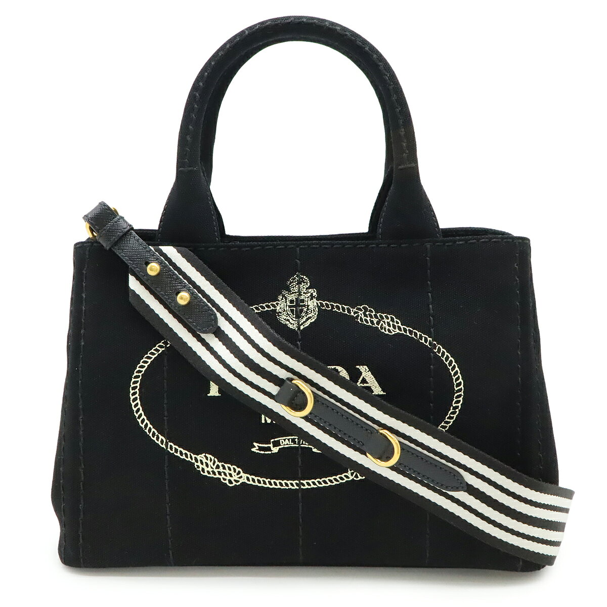 PRADA プラダ CANAPA カナパ トートバッグ 2WAY ショルダーバッグ ストライプショルダー 斜め掛け キャンバス NERO ブラック ゴールド金具 1BG439 【中古】