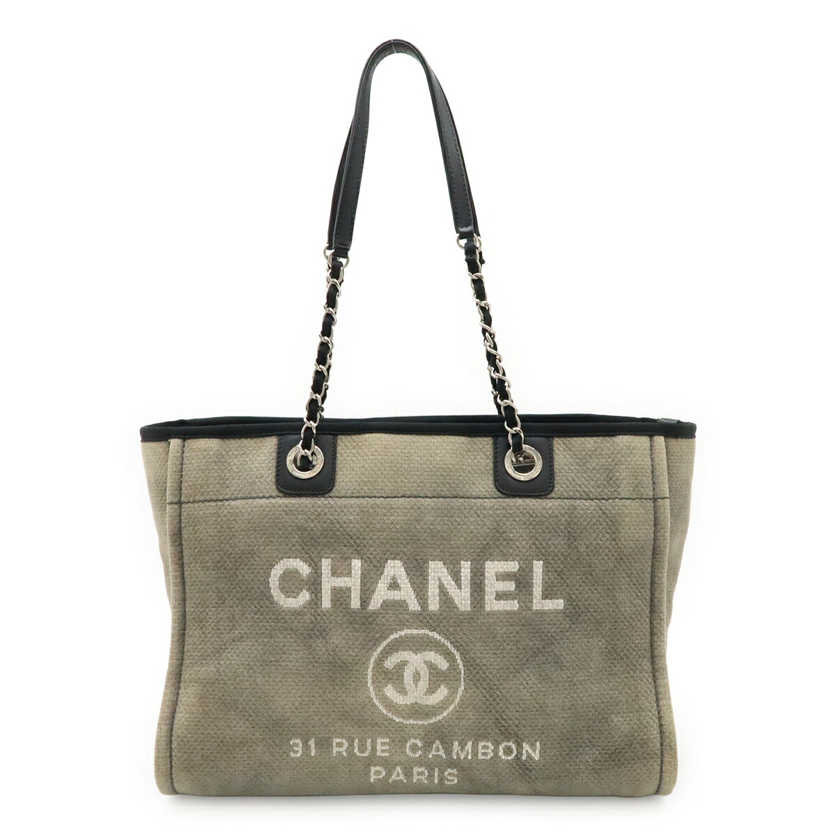 CHANEL シャネル ドーヴィルライン トートMM トートバッグ ショルダーバッグ チェーンショルダー キャンバス レザー グレー ブラック 黒 A67001 【中古】