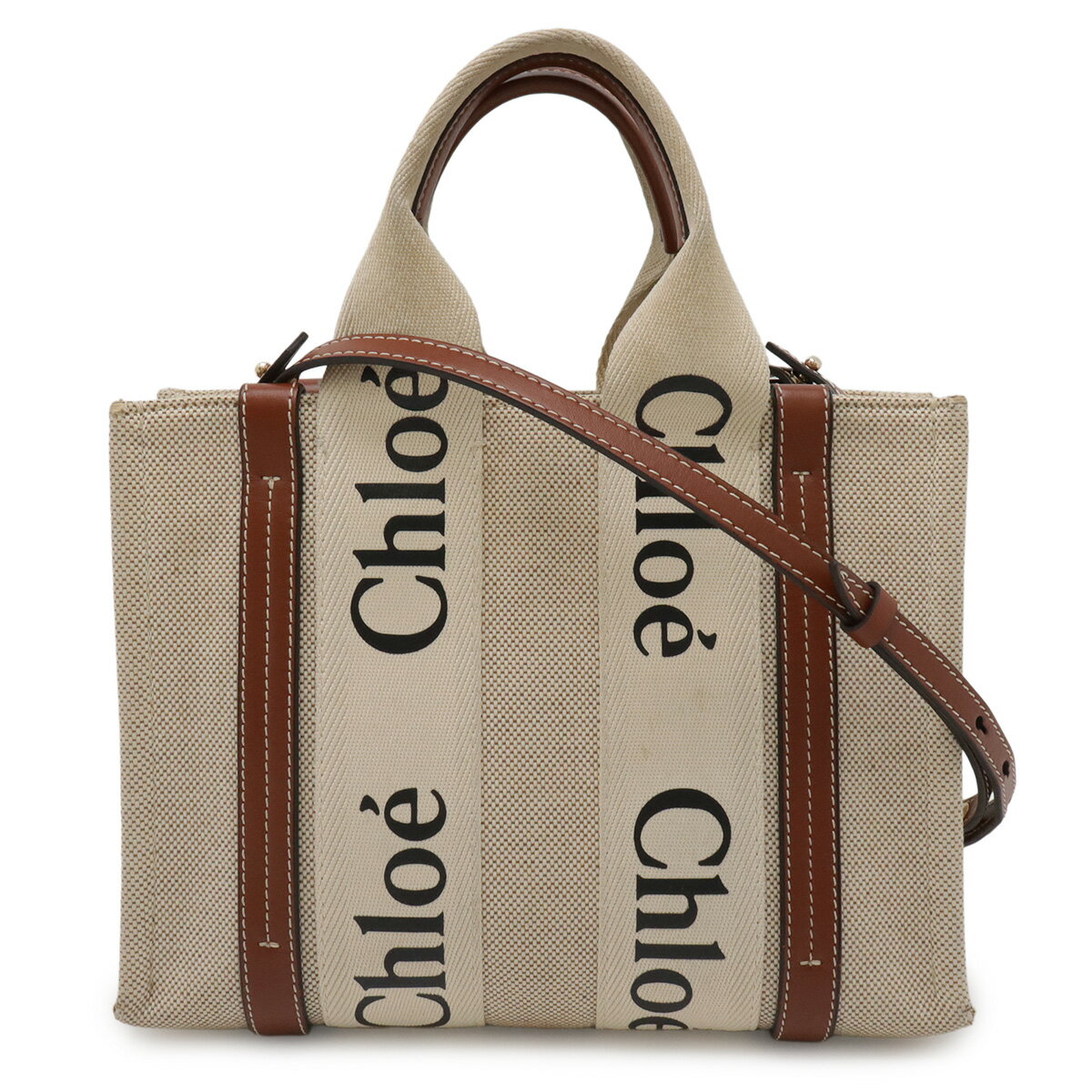 Chloe クロエ ウッディ スモール トートバッグ ハンドバッグ 2WAY ショルダーバッグ キャンバス レザー ベージュ ブラウン CHC23AS397 【中古】