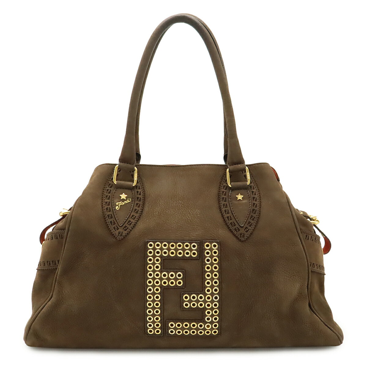 FENDI - FENDI フェンディ エトニコ ズッカ ハンドバッグ トートバッグ ショルダートート スター 星 ヌバック ダークブラウン 茶 8BN162 ゴールド金具 【中古】