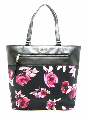 【バッグ】kate spade ケイトスペード トートバッグ ショルダーバッグ ショルダートート フラワー 薔薇 ローズ ナイロン レザー パープル系 ブラック 黒 PXRU6968 【中古】【s】