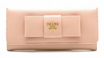 【財布】PRADA プラダ リボン モチーフ 2つ折長財布 SAFFIANO サフィアーノ 型押しレザー ピンク ゴールド金具 パスケース欠品 【中古】【s】