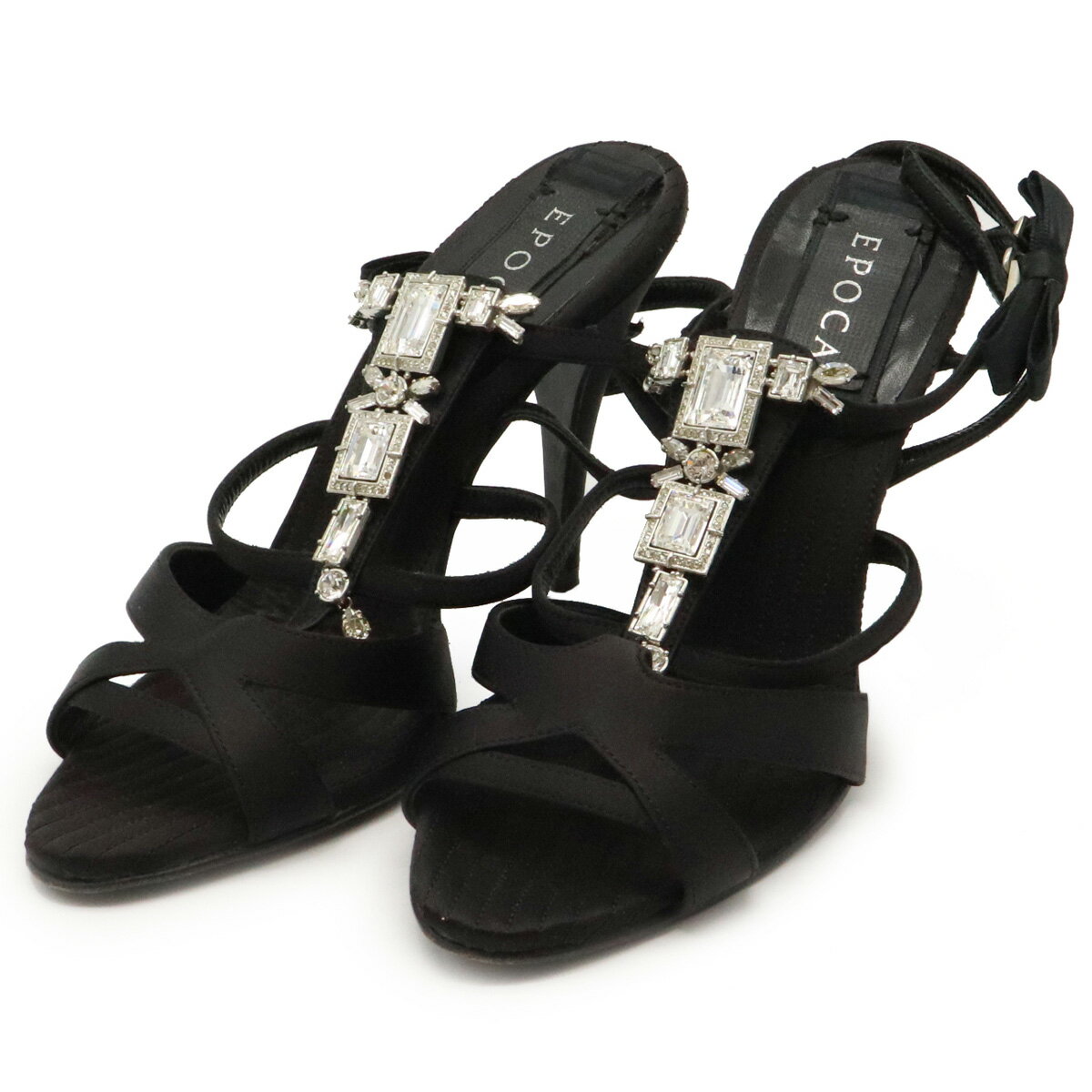 【靴】EPOCA エポカ サンダル ハイヒール ピンヒール パーティーサンダル リボン ビジュー ナイロン 黒 ブラック #37 日本サイズ24cm 【中古】