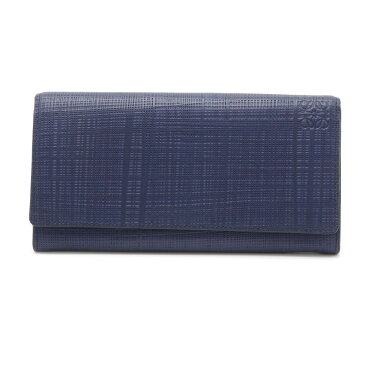 【財布】LOEWE ロエベ リネン コンチネンタル ウォレット アナグラム 2つ折長財布 網目模様 レザー ネイビーブルー 青 シルバー金具 101.88.K98 【中古】