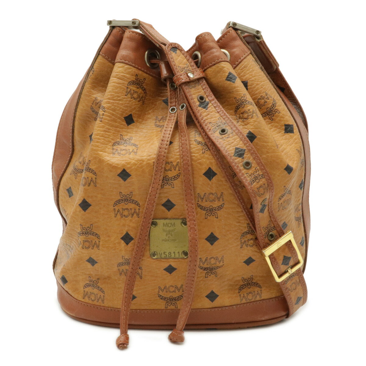 【バッグ】MCM エムシーエム ロゴグラム ショルダーバッグ 巾着バッグ 斜め掛け PVC レザー 茶 コニャック ブラウン ゴールド金具 【中古】