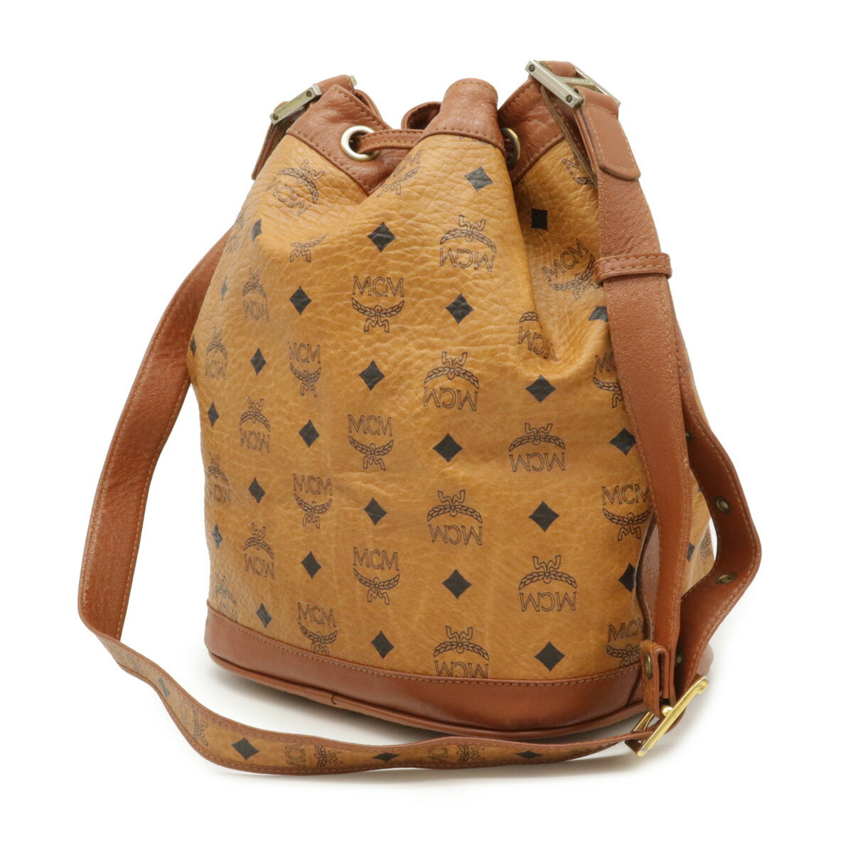 【バッグ】MCM エムシーエム ロゴグラム ショルダーバッグ 巾着バッグ 斜め掛け PVC レザー 茶 コニャック ブラウン ゴールド金具 【中古】