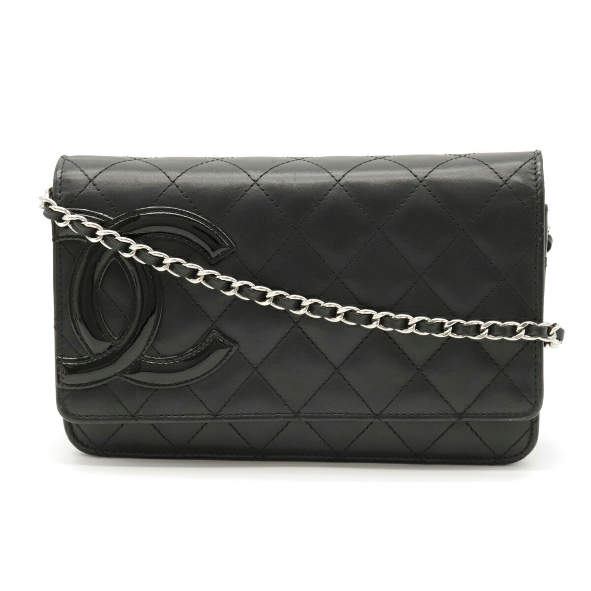 【バッグ】CHANEL シャネル カンボンライン チェーンウォレット クラッチバッグ ミニバッグ カーフ レザー エナメル 黒 ブラック シルバー金具 A46646 【中古】