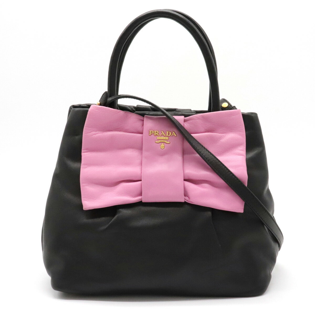 【バッグ】PRADA プラダ NAPPA FIOCCO リボン ハンドバッグ ミニバッグ 2WAYショルダー レザー NERO ブラック BEGONIA ピンク ゴールド金具 BN1604 【中古】