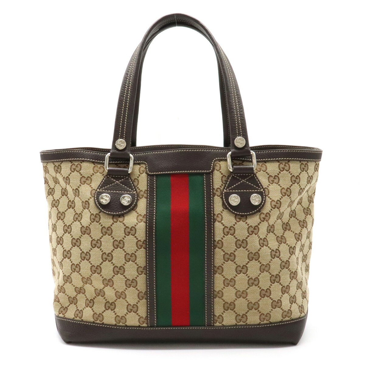 【バッグ】GUCCI グッチ GGキャンバス シェリーライン トートバッグ ショルダートート レザー カーキベージュ 茶 ダークブラウン 232973 【中古】