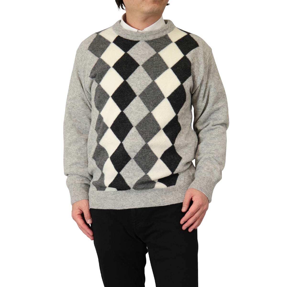 ◆クーポンで20%OFF◆ セーター 丸首(クルーネック) カシミヤ入りウール混 日本製 定番ダイヤ柄ニット 10ゲージ 紳士/メンズ/シニア/国産【送料無料】 (7105) bm-nit-10000655 ビーエムクラブ サンプル画像2