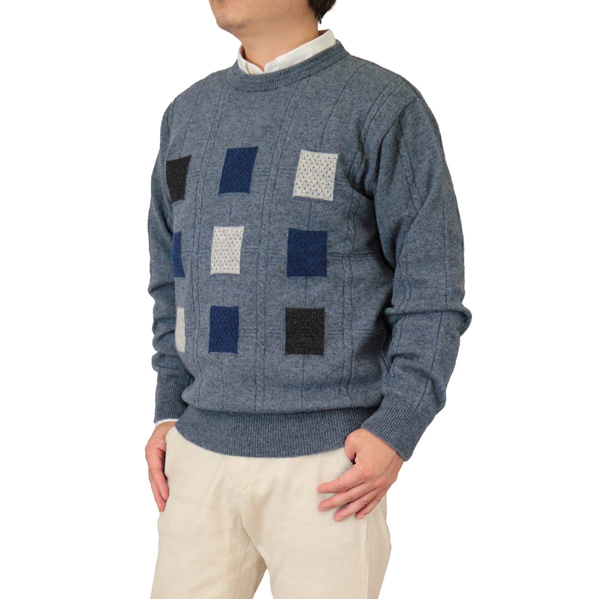 ◆クーポンで20%OFF◆ 日本製 カシミヤ入りウール 10ゲージ スクエア柄 クルーネックセーター 紳士/メンズ 【送料無料】(7112)