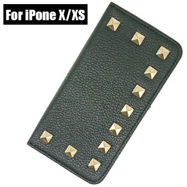 スタッズ　スマホケース　携帯ケース　iPhone　X/XS ダイアリー　手帳型　ゴールド　黒　ブラック　カードポケット付　かっこいい　ミラー　シンプル