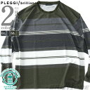大きいサイズ メンズ PLEGGI プレッジ パイナップルボーダー ロング Tシャツ リサイクルポリエステル使用 64-77295-2