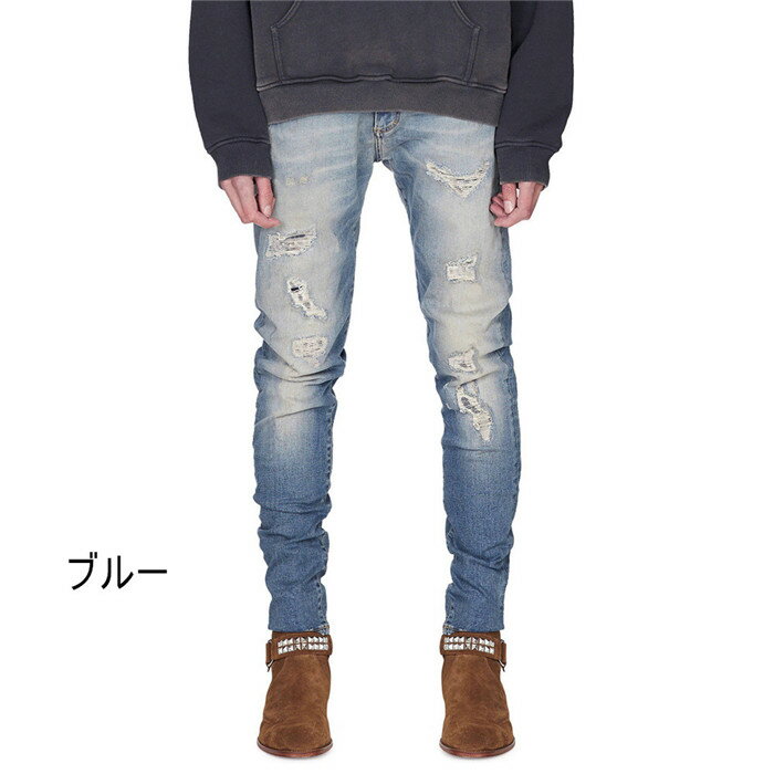 デニムパンツ　メンズ　ロングパンツ　ダメージ加工　メンズファション　ボトムス　ブラック　ブルー