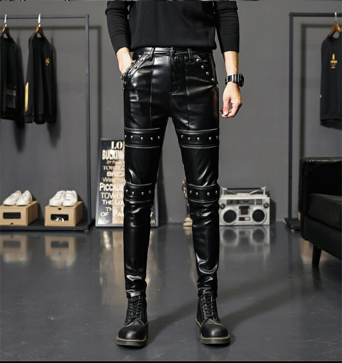 レザーパンツ スキニーパンツ 革パンツ バイクパンツ ライダースパンツ ボトムス ストレッチ ロック系 お兄系 ロング PU 黒 防風防寒 秋冬