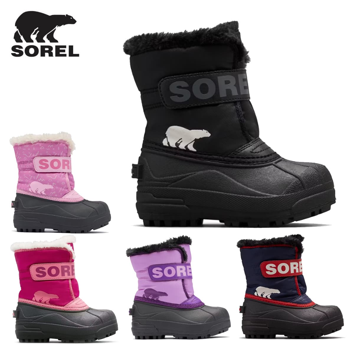 SOREL ソレル スノーシューズ■CHILDRENS SNOW COMMANDER BOOT チルドレンズ スノーコマンダー ブーツCOLOR・010/Black/Charcoal・466/Nocturnal/SailRed・514/Gumdrop/PurpleViolet・515/Orchid/PinkFlare・652/TropicPink/DeepBlushSIZE・8 / 9 / 10 / 11 / 12 / 13・Uppre：合成繊維/合成ゴム・Outsole：合成ゴム・重量：340g●WATERPROTECT●CHILLPROOF●PFASfree ※メーカー企画書の情報で商品登録を行っております。予告なしに商品名と仕様変更される場合がございます。