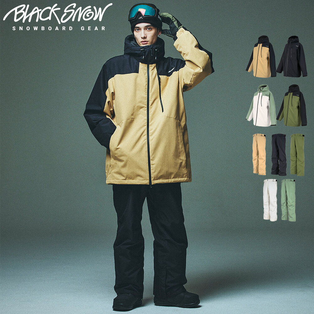 BLACKSNOW（ブラックスノー）のメンズスノーボードウェア上下セット耐水20,000mm・防風仕様で、雪・雨・風に強いタフな設計無駄を削ぎ落とした“ストリート × 機能性”デザインで、初級者、中級者はもちろん、長く着たい大人の男性にもおすすめの本格モデルですBLACK SNOW ブラックスノー メンズ スノーボードウェア 上下SET■OT02M×OB02M■素材　ポリエステル■耐水圧20,000mm■透湿性：3,000g■ジャケット・フード調整可(後ろ)・フード絞り可(首元)・袖口調整可・裾調整可・IDカードパスケース・袖口パウダーガード（ハンドゲーター）・パウダーガード(ウエスト)・ベンチレーション・サイドポケット2か所・ファスナー胸ポケット1か所・内ポケット1か所・内ゴーグルポケット1か所■パンツ・ウエスト調整可・パウダーガード(裾)・パウダーガード(ウエスト)・サイドポケット2か所・フラップポケット2か所・サイドスリット・裾上げ(裾後ろ側)・裾パウダーガード調節可・ベルトループ・股下ベンチレーション耐水圧20,000mm、透湿性3,000gの高機能ポリエステル素材を使用。フード、袖口、裾が調整可能で、サイドポケットやファスナー付き胸ポケット、ゴーグルポケット、IDカードケースなど収納力も充実。袖口とウエストのパウダーガードが雪の侵入を防ぎ快適。【For overseas customers / 海外のお客様へ】This product is also referred to as:- Snowboard wear / Ski wear (Jacket & Pants set)- 滑雪服 / 雪衣- 防水外套 / 男款滑雪套装 / 女款滑雪套装These terms are commonly used internationally to describe similar products.