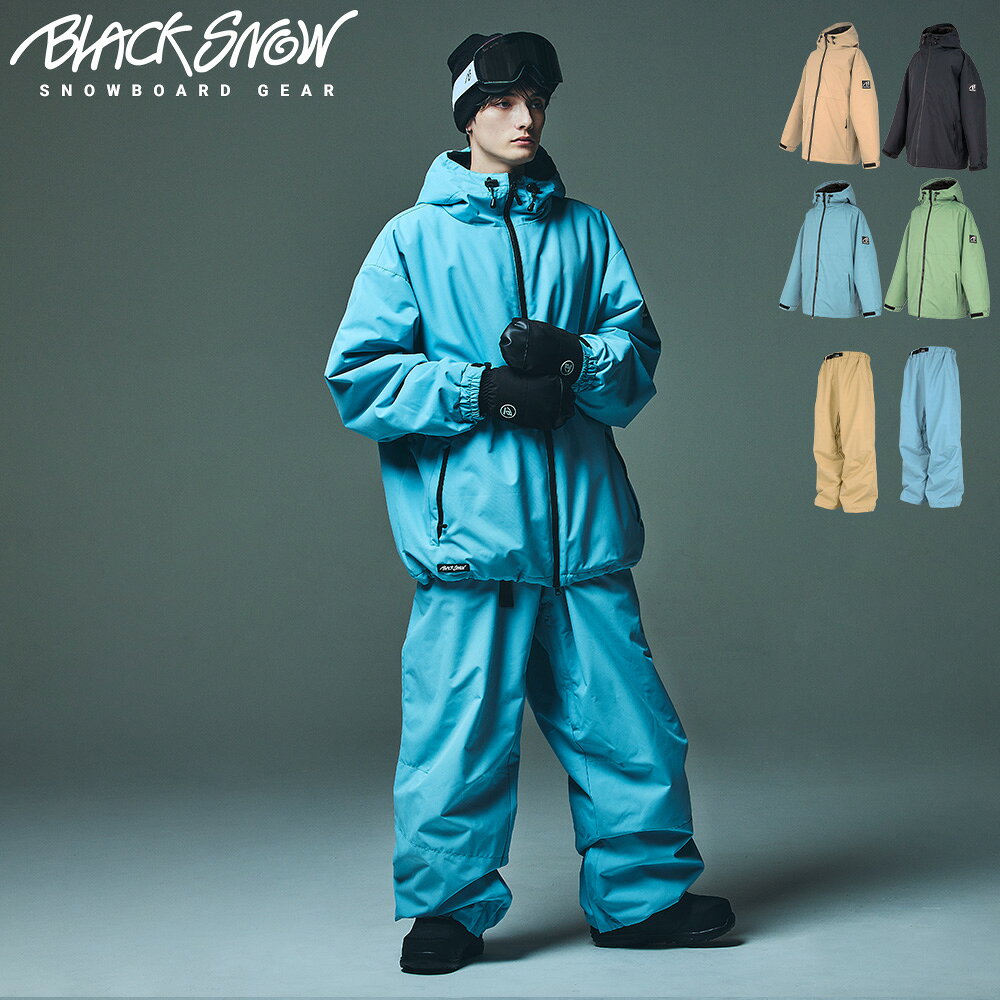 BLACK SNOW ブラックスノー メンズ スノーボードウェア 上下セット■OT04M×OB04Mオーバーサイズシルエット■素材　ポリエステル■耐水圧20,000mm■透湿性：3,000g■ジャケット・フード絞り可(首元)・袖口調整可・裾調整可・内側IDカードパスケース・袖口パウダーガード（ハンドゲーター）・パウダーガード(ウエスト)・ベンチレーション・サイドポケット2か所・内ポケット2か所■パンツ・サイドポケット2か所・フラップポケット2か所・股下ベンチレーション・サイドスリット・パウダーガード(裾)・ウエストベルト・裾パウダーガード調節可耐水圧20,000mm、透湿性3,000gの高機能ポリエステル素材を使用。フード、袖口、裾が調整可能で、サイドポケットやファスナー付き胸ポケット、ゴーグルポケット、IDカードケースなど収納力も充実。袖口とウエストのパウダーガードが雪の侵入を防ぎ快適。