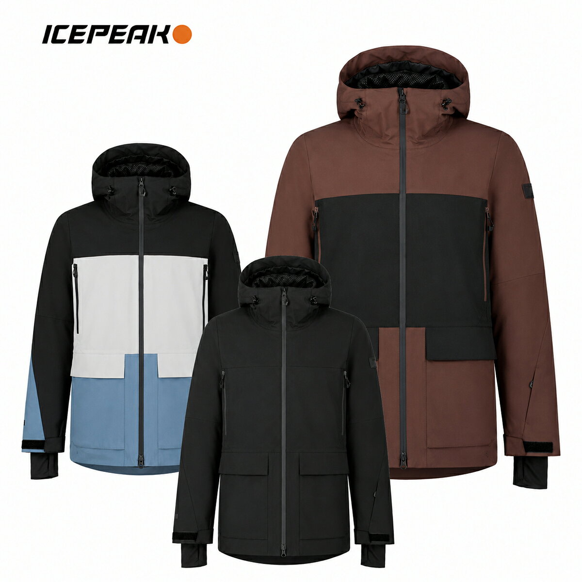ICEPEAK アイスピーク スノボウェア■56221　CALE MEN　ケール メンズ耐水圧：10,000mm透湿性：10,000g/m2/24h素材ポリエステル 100%、（裏地）リサイクルポリエステル 100%COLOR・CHOCOLATE BROWN・BLUE・BASIC BLACKSIZEXS,S,M,L,XL・REPREVE・2-LAYER：防水メンブレンを多機能素材に接着した、2レイヤー構造の生地を使用。・DWR（Durable Water Repellent）・TAPED SEAMS・2WAY STRETCH・PFCフリー（PFC-Free）FEATURES・リサイクル素材を使用・リラックスフィット・立体裁断の肘・固定式フード・2方向に調整可能なフード・サムホール付きの伸縮性インナーカフ・ヘルメット対応フード・後ろ身頃が長く、保護性の高い裾・裾と袖口の調整可能仕様・裏地付きハンドウォーマーポケット・ダブルジップ仕様のフロントファスナー・撥水ジップ付きチェストポケット・滑り止めシリコンバンド付き取り外し可能スノーゲーター※メーカー企画書の情報で商品登録を行っております。予告なしに商品名と仕様変更される場合がございます。