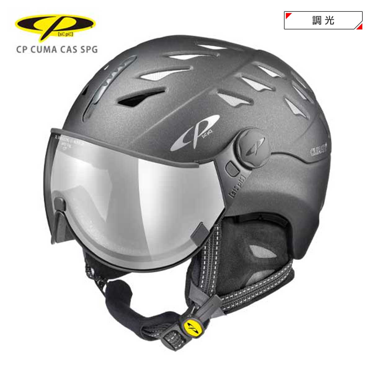 メーカー希望小売価格はメーカーカタログに基づいて掲載しています CP　シーピー スノーボードヘルメット■ CP CUMA CAS SPG インナーにカシミアを採用し、よりソフトで暖かい仕様に開閉式ベンチレーションの他、メッシュを施した常時オープンのベンチレーションをスタイリッシュに配置。通気性をさらに向上CUMAには一部にスライド式のベンチレーションを採用。グローブ着用のまま開閉可能で大きめな通気口も特徴本商品のバイザーレンズは vario silver mirror 1.6 (調光）が標準セットアップ■素材：アッパーパネル / ABS樹脂、シェル / ポリカーボネート、インナー / EPS樹脂、バイザー / ポリカーボネート■サイズ：M（56-58）、L（58-60）、XL（60-62）■カラー：スパークリンググラファイト■バイザー： vario silver mirror 1.6 (調光）■保護レベル：S1～2■ベンチレーション：スライダー式■インナー：カシミア仕様■付属：クリーニングクロス※ゴーグルストッパーは無し※ご使用の際は、バイザーを留めるネジ部分の緩みがないように必ずしっかりと締まっていることを確認の上ご使用ください　　　 SIZE:L/M/XLCOLOR:SPG■特徴バイザー付き※メーカー企画書の情報で商品登録を行っております。予告なしに商品名と仕様変更される場合がございます。