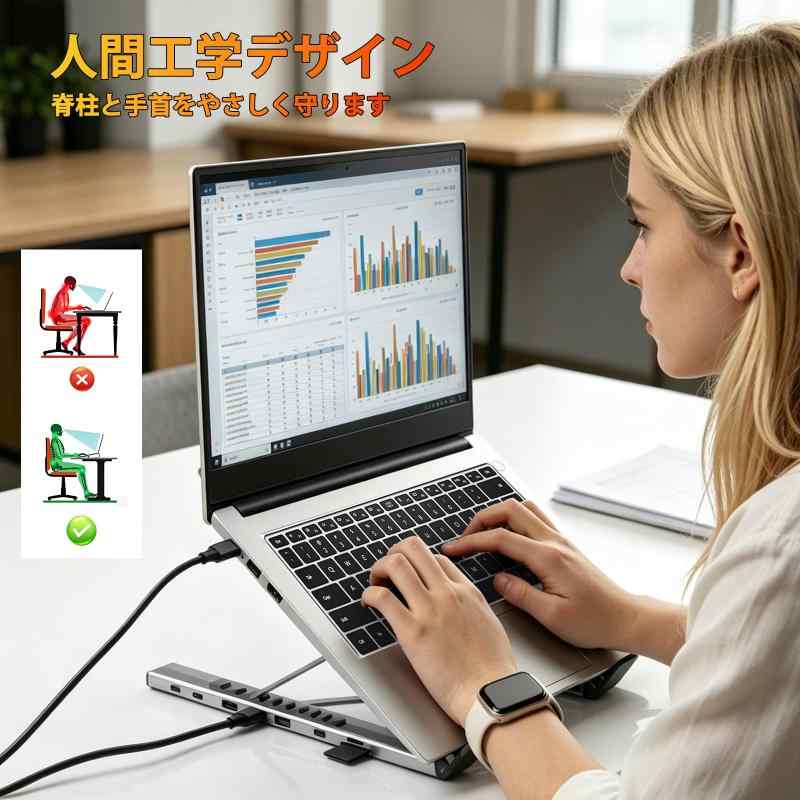 ノート PC スタンド ドッキングステーション一体型 USB ハブ付き 9 段階角度調整 人間工学 折りたたみ 携帯型 在宅勤務 オフィス リモートワーク用 4KHDMI 出力 USB3.0 デスク整理 滑り止め安定設 boardermkt-10002593 ボーダーマーケット サンプル画像3