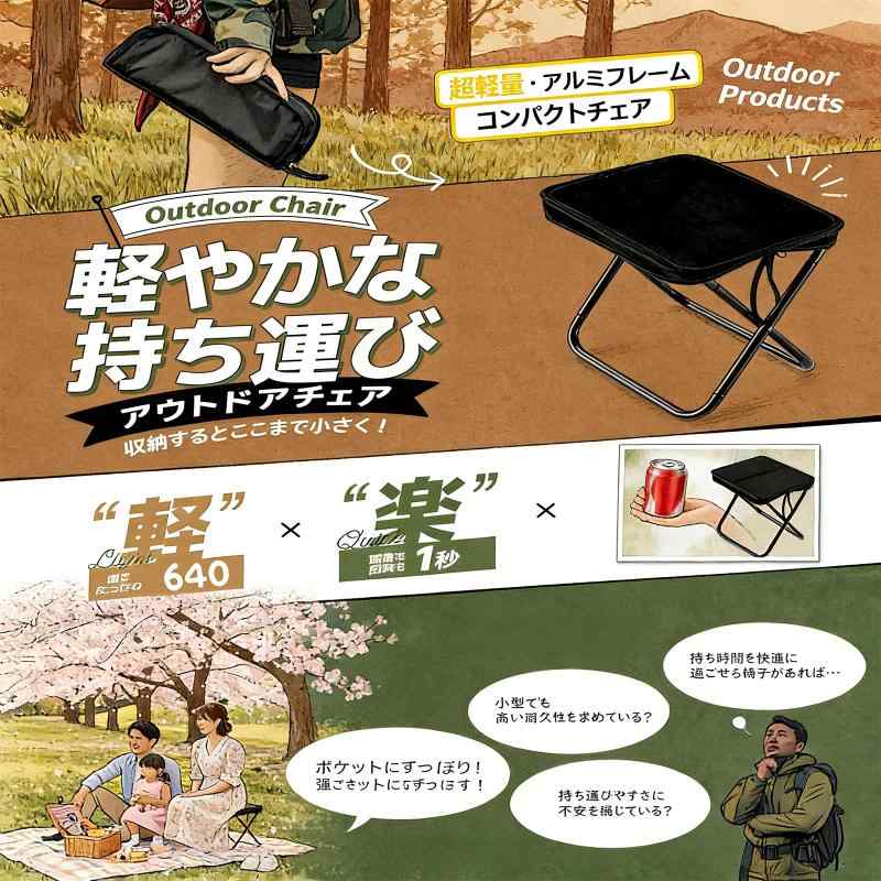折りたたみ椅子 超軽量 収納袋一体型【1秒開閉·工具不要·超薄収納5cm】耐荷重120kg ショルダー付き 持登場ち運び コンパクト オックスフォード生地 カーボンスチール製 携帯椅子び クトな boardermkt-10003695 ボーダーマーケット サンプル画像2
