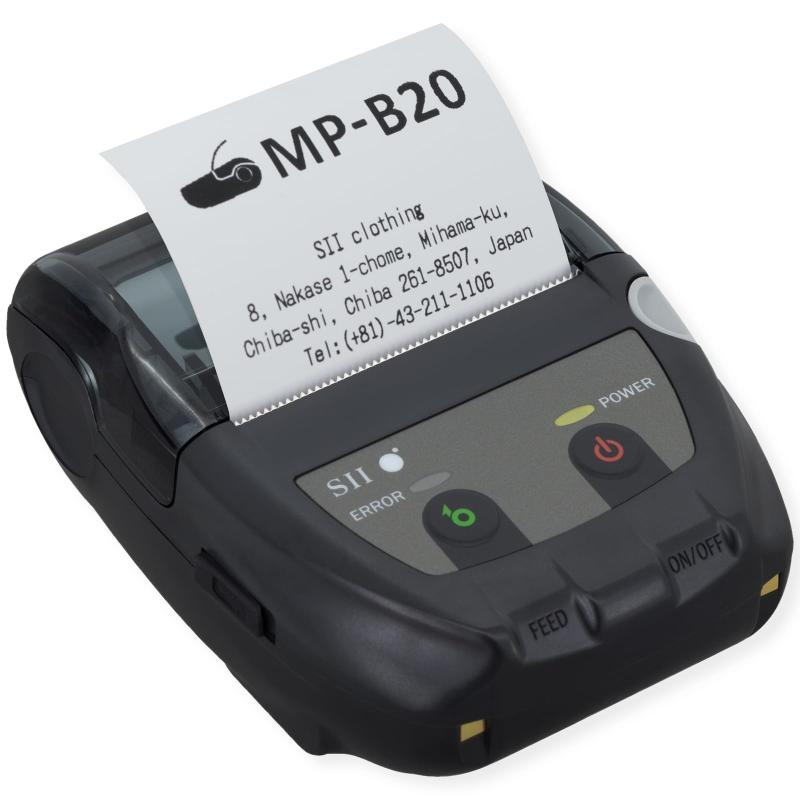 セイコーインスツル モノクロ モバイル型感熱式プリンター MP-B20 USB Bluetooth接続 MFi認定 ブラック徹底的に小型軽量化にこだわった、紙幅58mm感熱ロール紙対応の業務用モバイルプリンター屋内はもちろん、屋外店舗や訪問販売、宅配便配達時のレシート発行など、様々なシーンで快適にお使いいただけますWindowsやAndroidなどの多様なOSに対応。スマートフォンやタブレットなどのモバイル端末とBluetoothによるスマートなワイヤレス接続を行いますモバイル決済におけるレシート発行機として、Airレジ・Airペイ(エアレジ・エアペイ)、スマレジ、Coiney(コイニー)に対応オプションのクレードル(CDL-B01K-1)を使用することで、簡単充電を可能にします