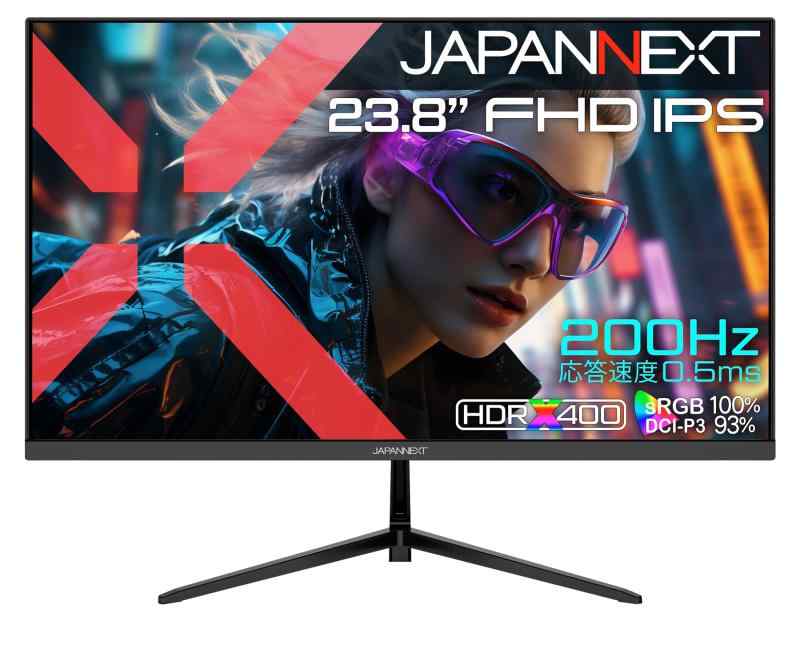 【Amazon.co.jp】 JAPANNEXT 23.8インチ IPSパネル搭載 200Hz/0.5ms(MPRT)対応 フルHD(1920x1080)解像度 ゲーミングモニター JN-IPS238G200F3 HDMI DisplayPort HDR400相当 sRGB:100% DCI-P3:93% PS5 フルHD:120Hz接続 【2年23.8インチのIPSパネルを搭載し、200Hzの高速リフレッシュレートに対応したフルHD(1920x1080)解像度のゲーミングモニターです。200Hzの高速リフレッシュレートと0.5ms(MPRT)の応答速度により、高精細で滑らかな映像表現を実現し、FPSなどの動きの速いゲームでも快適なプレイが可能です。MPRT 0.5msはリフレッシュレート100Hz以上で有効。最大輝度400cd/m2、sRGB:100%、DCI-P3:93%の広色域に対応した液晶パネルは、HDR400相当の性能を持ち、コンテンツを色鮮やかに映し出します。HDR（ハイダイナミックレンジ）は、明るい部分も暗い部分もくっきり表現し、リアルに迫った深みのある映像を演出します。HDR対応のブルーレイディスクやビデオ・オン・デマンド、ゲームなどの表示が可能。現実に近い美しい映像をお楽しみください。PS5とのフルHD:120Hz接続に対応。コンソールゲームでもより高精細に、かつ滑らかなゲーム表示を可能にしました。インターフェイスはHDMI 2.0 x2 (200Hz)、DisplayPort 1.2 x1 (200Hz)を装備、ゲーム機やパソコンだけでなく、様々な機器との接続が可能です。75x75mmのVESAマウントに対応、別売のモニターアームやモニタースタンドなどへの取り付けが可能です。2Wx2のスピーカーを搭載します。本製品には、2年間のメーカーが付きます。