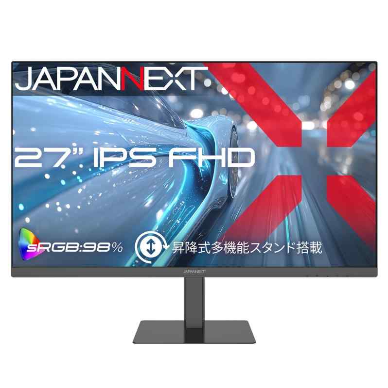 JAPANNEXT 27インチ IPSパネル搭載 120Hz対応 フルHD(1920×1080)解像度 液晶モニター JN-27IPS120F-HSP HDMI DP sRGB:98% HDR 高さ調整 ピボット(縦回転)対応 【2年】27インチのIPSパネルを搭載し、フルHD(1920×1080)解像度に対応した液晶モニターです。あらゆる角度から見ても色やコントラストの変化がおきにくいIPSパネルを搭載し、広視野角上下左右178°を実現します。最大輝度300cd/m2の液晶パネルは、sRGB:98%の広色域に対応。コンテンツを色鮮やかに映し出し、動画や写真の編集に最適です。一般的な60Hzモニターと比較して、より滑らかな映像表示を可能にする120Hzの高速リフレッシュレートに対応。ゲームだけでなくデスクワークでも高い生産性を実現します。高さ調整が可能な昇降式多機能スタンドを搭載、最大135mmの範囲で最適な高さに画面を調整可能です。また、縦画面として使用出来るピボット(回転)機能、左右各30°のスイーベル(首振り)機能にも対応します。インターフェイスはHDMI 1.4×1 (120Hz)とDisplayPort 1.2×1 (120Hz)を搭載し、様々なタイプの機器との接続が可能です。75×75mmのVESAマウントに対応、モニターアームやモニタースタンドなどへの取り付けが可能です。2W×2のスピーカーを内蔵します。本製品には、2年間のメーカーが付きます。
