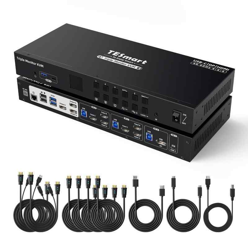 ボーダーマーケットのTESmart KVMスイッチ 4入力 (USB-C HDMI+DP) MST対応 デュアルモニター KVM切替器 4K@60Hz USB3.0｜アングル2