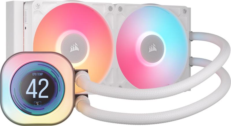 CORSAIR iCUE LINK TITAN 240ラジエーター RX ARGBケースファン付き LCDスクリーン付 水冷式CPUクーラー ホワイト CW-9061025-WWCORSAIR iCUE LINKエコシステムに対応した、240mmラジエーター採用の一体型水冷CPUクーラーです。iCUE LINKシステムハブが付属しています。480×480ドットの2.1型液晶ディスプレイをヘッドポンプに搭載しており、システム情報や画像などさまざまなものを表示できます。ヘッドポンプにFlowDriveクーリングエンジンを採用。3層モーターと精密にデザインされたコールドプレートが高い冷却パフォーマンスを実現します。ライティング機能のための44個のアドレサブルRGB LEDも搭載しています。iCUE LINK RX RGBファンを2基搭載。ラジエーターに適した静圧重視のハイパフォーマンスファンです。1基あたり8個のRGB LEDを内蔵しており、ライティング効果も楽しめます。iCUE LINKエコシステムを構築可能。本製品に付属するiCUE LINKシステムハブに対応機器を追加し、まとめてコントロールできます。